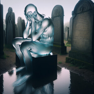 a man made entirely of glass, filled with water and , sitting ha...