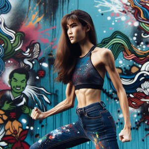 Very thin Athletic Thin skinny Attractive, Asian teenage girl, long brown hair and bangs, wearing tight skinny jeans and a halter top paint marks on her clothing, sitting side view heroic pose Asian graffiti