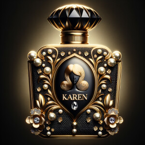 Design a fancy, black and gold bottle of perfume in the shape of a woman’s body. With a golden diamond top, flowers pearls and Diamonds in the name, Karen