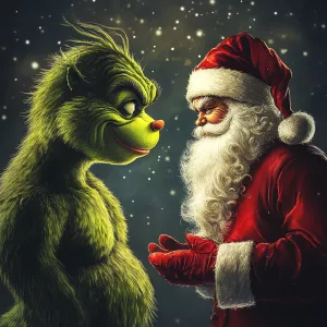 generate a picture where the grinch beat santa claus