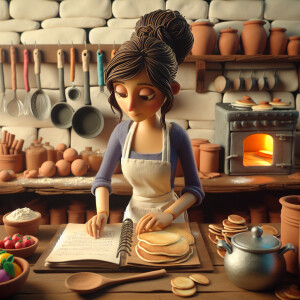 A female baker reviewing a recipe for pancakes