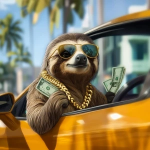 Sloths slerf meme..leaning out the window of sports car, gold ch...