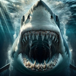 Ultra-realistic, dramatic frontal view of a massive shark with its jaws wide open, revealing rows of razor-sharp teeth. The camera is half-submerged, perfectly splitting the image—above the waterline, the sharks’s intense, piercing eyes stare directly ahead, with water droplets on its rough, scaly skin. Below the waterline, its powerful open mouth is fully visible, showing sharp teeth and a dark throat, with tiny air bubbles escaping. The waterline is sharply defined, creating a split view of the murky underwater world and the bright, natural  scenery above. Sunlight refracts through the water, casting a cinematic glow. Highly detailed, National Geographic photography style, 8K resolution, hyper-realistic textures, dramatic lighting, intense and suspenseful atmosphere."