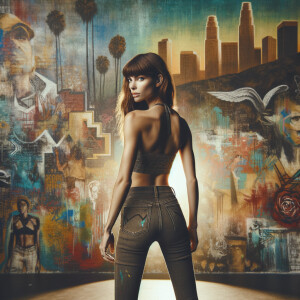 Athletic Thin skinny Attractive, Asian teenage girl, long brown hair and bangs, wearing tight skinny jeans and a halter top paint marks on her clothing, heroic pose Asian graffiti background, backside view