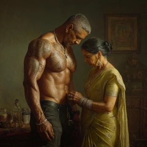 Photo Hyperrealism, painting,a muscular beefy tattoed gujarati s...