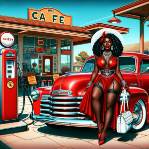 Airbrush style: Standing next to a 1950 Red Chevy truck silver r...