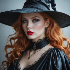 Refine an enchanting half-body portrait of an elegant witch gazi...