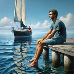 Realistic, oil painting Of a young American man Sitting on a doc...