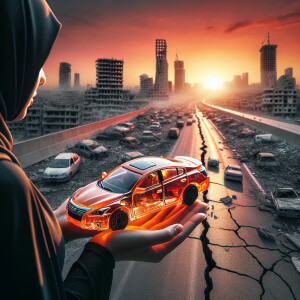 A spectator on a fractured highway holding a transparent orange...