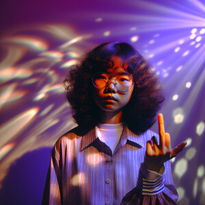 Curly-haired girl with glasses shows her middle finger at the fr...
