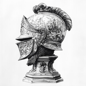 In a detailed ink style drawing, a knight's helmet sits prominen...