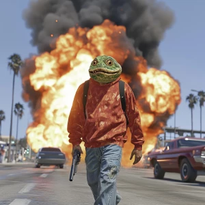 PEPE meme.walking away from cars exploding, 90's clothing, holdi...