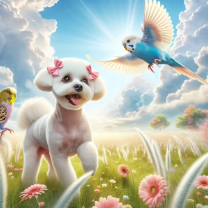 A bichon Frise with pink bows on her ears with a short hair cut...