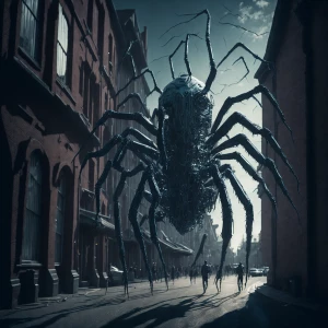 A high-angle surreal CCTV camera scene of a large spider creatur...