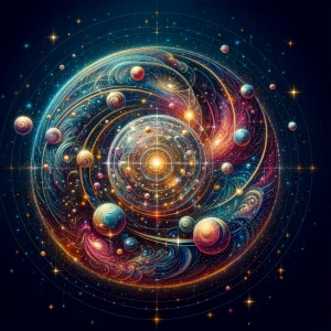Create a detailed illustration of a 7-dimensional cosmic orb, em...
