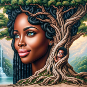 Create a close-up, hyper-realistic 3-D oil painting of a tree wi...