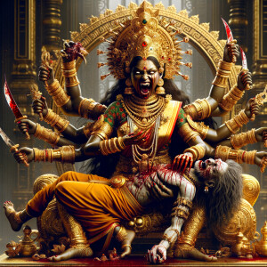 portrait of angry looking, four-armed indian goddess sitting on...