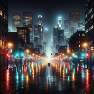 Create a scene depicting a rainy night in Los Angeles, with the...