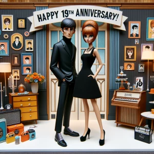 ‘Happy 19th Anniversary!’ 
A 60s mod vibe with a tan male with a...