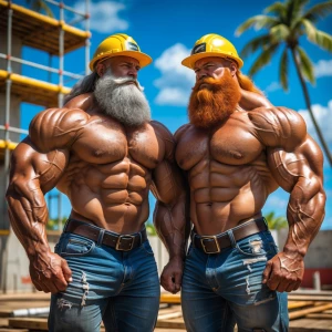 Two muscular bodybuilders standing side by side in a vibrant Haw...