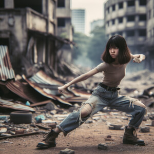 Skinny and thin Asian teen girl wearing skin tight jeans that are worn and frayed, long hair and bangs heroic ready to fight stance