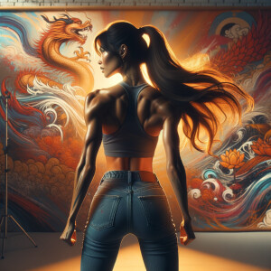 Athletic Thin skinny Attractive, Asian teenage girl, long brown hair and bangs, wearing tight skinny jeans and a halter top paint marks on her clothing, heroic pose Asian graffiti background,  backside view