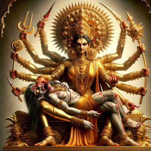 portrait of angry looking, four-armed indian goddess sitting on...