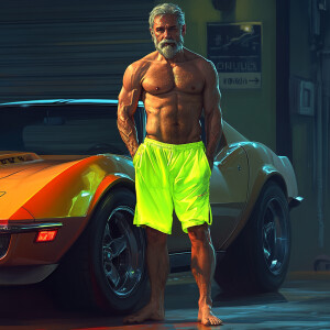 A man with gray hair and a beard, hairy chest, belly muscles, we...