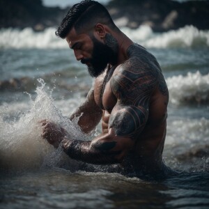 Describe the image of a muscular man with an extensive tattoo on...