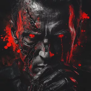 A close-up photo of The Terminator's face, rendered in a surreal...