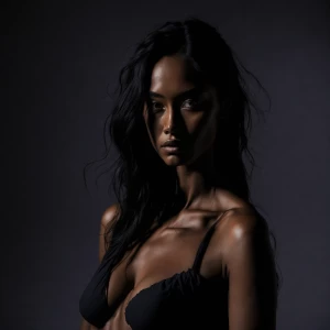 Prompt for the image: Brenda stands in the softly lit bedroom, h...