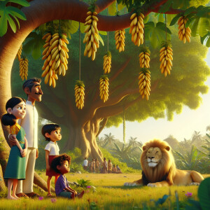 A family in the jungle watches a lion  under a tree, ripe planta...