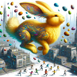 Airbrush style: A flying colorful Big furry yellow rabbit flying...