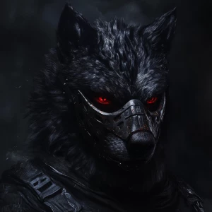 Black werewolf with red eyes wearing a hockey mask