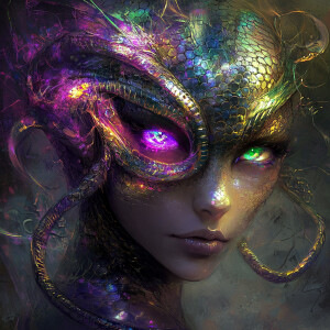 A stunningly ethereal Gorgon with shimmering metallic scales and...