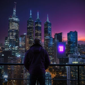A cinematic view of the Melbourne skyline at dusk, with vibrant...