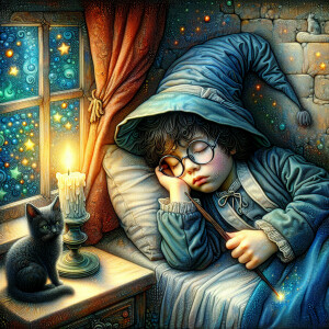 a little wizard with messy black hair and glasses wearing a slee...
