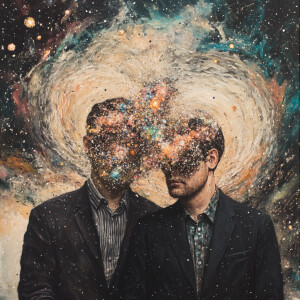 Imagine the cosmos as two men, one embodying the vastness of spa...