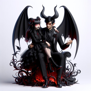 A girl named lilith with elegant gothic lolita dress sit on the lap of Handsome Lucifer with Black Horn, Msyterious Aura of Black and red, Lilith and Lucifer evil smirks, glowing eyes, 3D, High Res