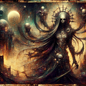 “Imagine a Gothic comic book panel set in a dark, surreal univer...