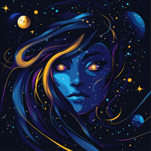 Vector-style portrait of a celestial goddess, long flowing hair...