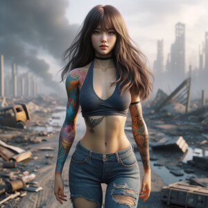 Thin Asian teen girl wearing tight jeans and a halter top Long brown hair and bangs, tattoos on her arms, athletic heroic pose