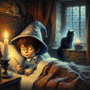 a little wizard with messy black hair and glasses wearing a slee...