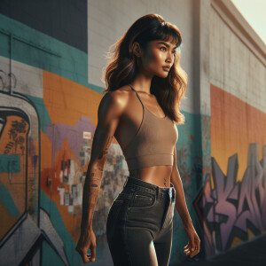 Athletic Thin skinny Attractive, Asian teenage girl, long brown hair and bangs, wearing tight skinny jeans and a halter top paint marks on her clothing, heroic pose Asian graffiti background, backside view