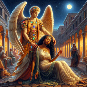 Create an oil painting image featuring a male angel and a grievi...