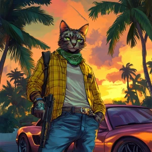 A humanoid cat character standing confidently in a tropical sett...