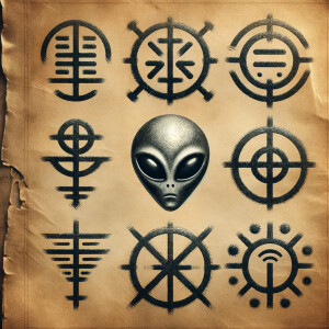 Alien letters on aged parchment, alien symbols, alien alphabet,...