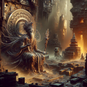 Illustrate a terrifying techno-biological god in a post-apocalyp...