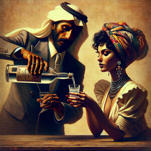 Man poor vodka to glass of woman, man poors vodka, man holds bottle, woman holds glass, glass of vodka.