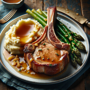 Hand cut bone-in pork chop with mashed potatoes, caramelized oni...